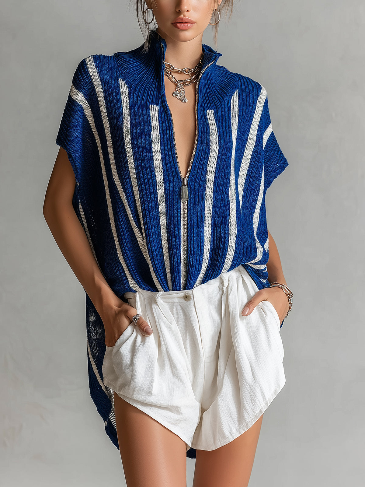 Chic Casual Royal Blue-White Striped Zipper-Up Stand Collar Loose-Fit Asymmetrical Hem Knit Vest Top