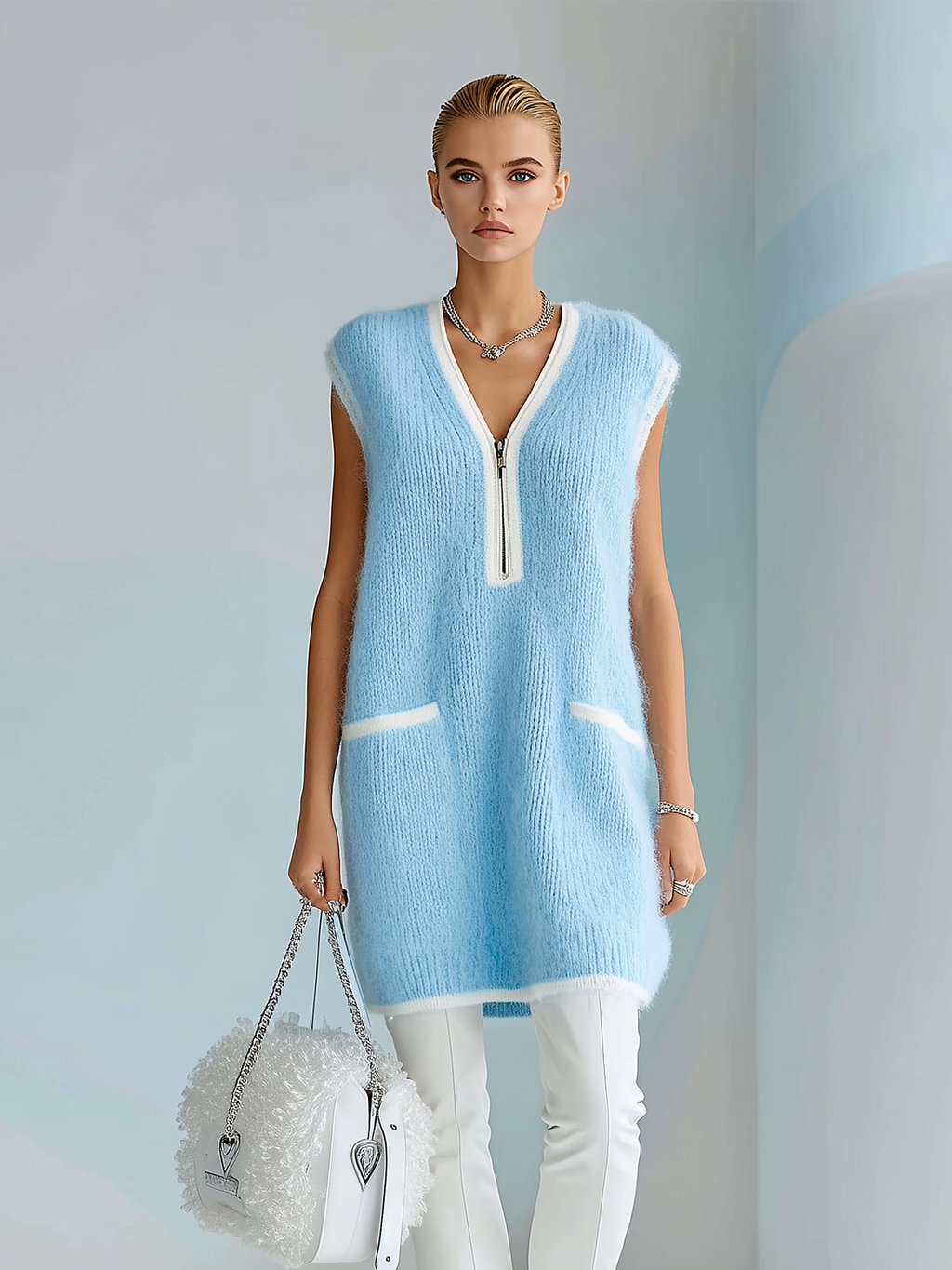 Chic Casual Blue Zip-Up V-Collar Sleeveless Contrast Trim Details Oversized Knit Mini Dress