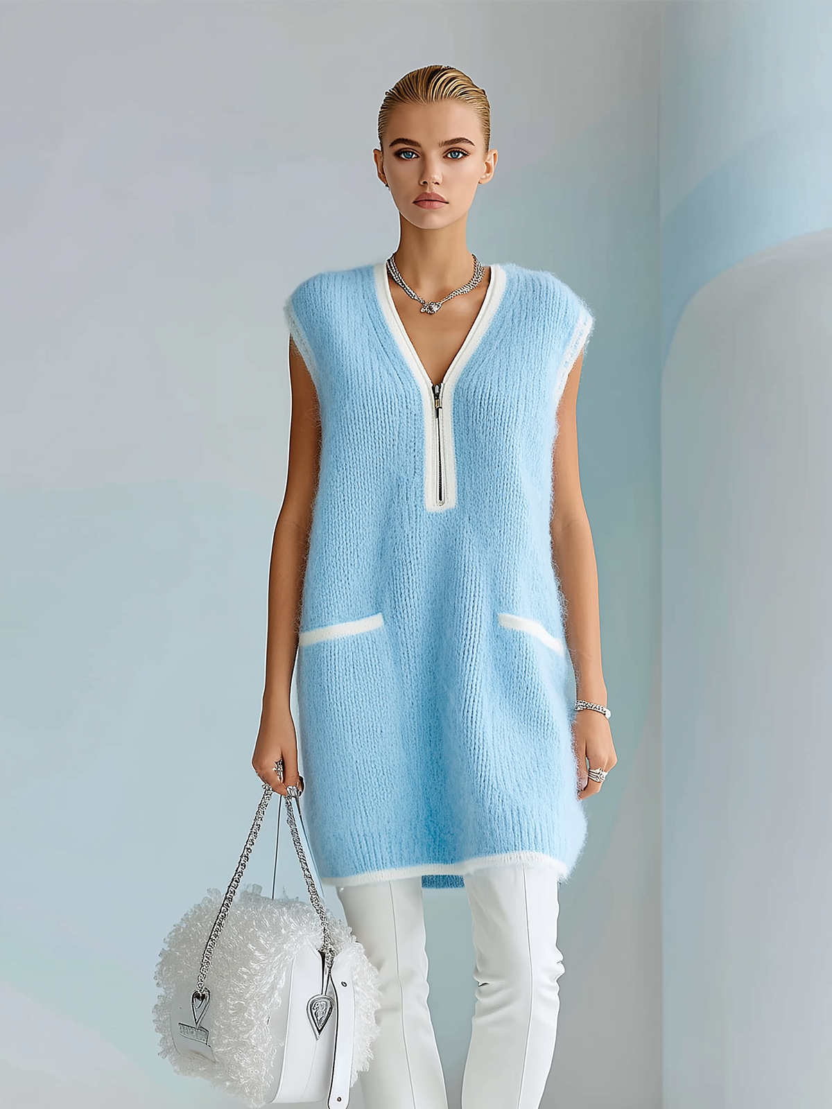 Chic Casual Blue Zip-Up V-Collar Sleeveless Contrast Trim Details Oversized Knit Mini Dress