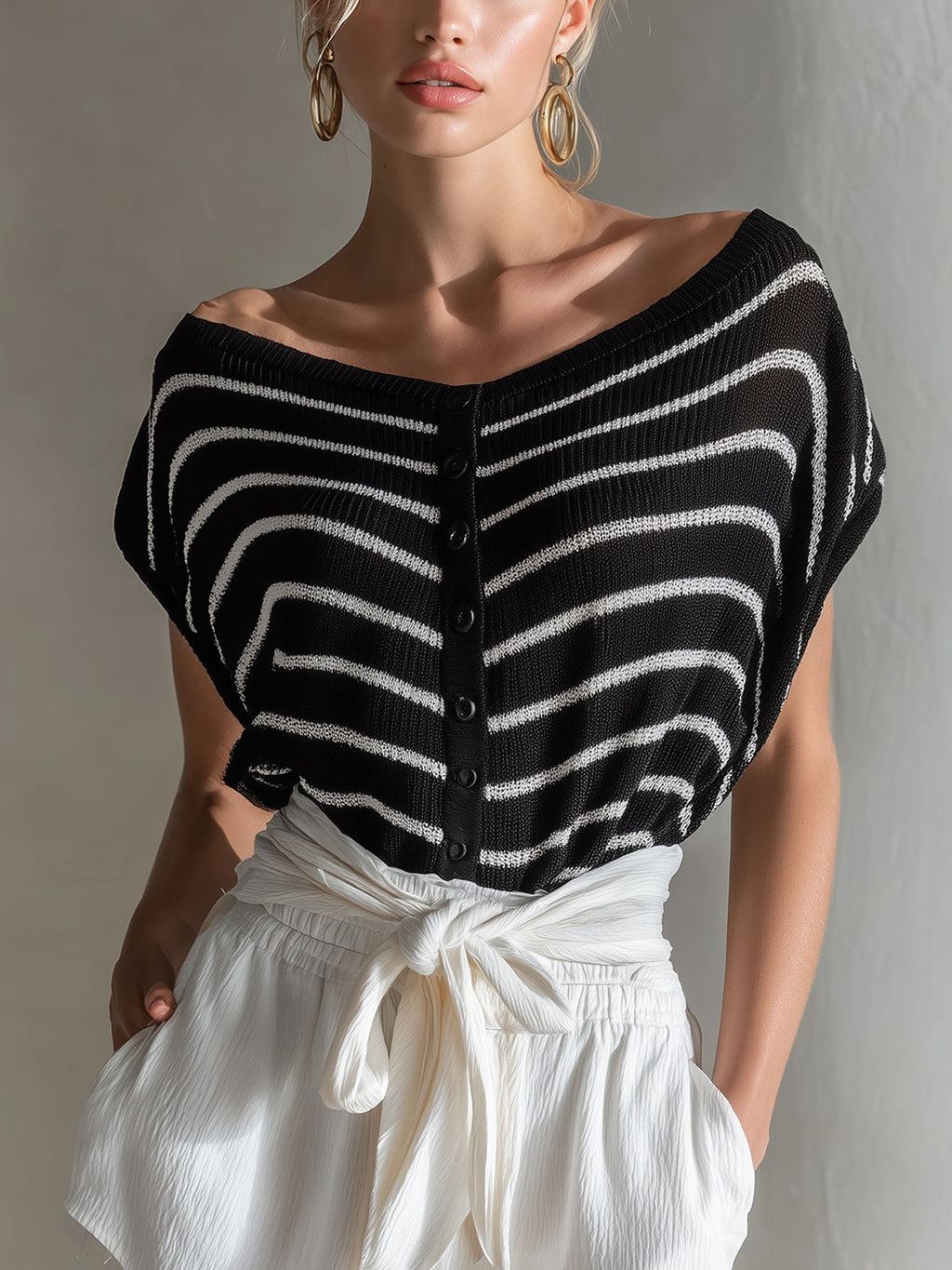Chic Elegant Black-White Striped Boat-Neck Loose-Fit Button-Front Short-Sleeve Knit Sweater