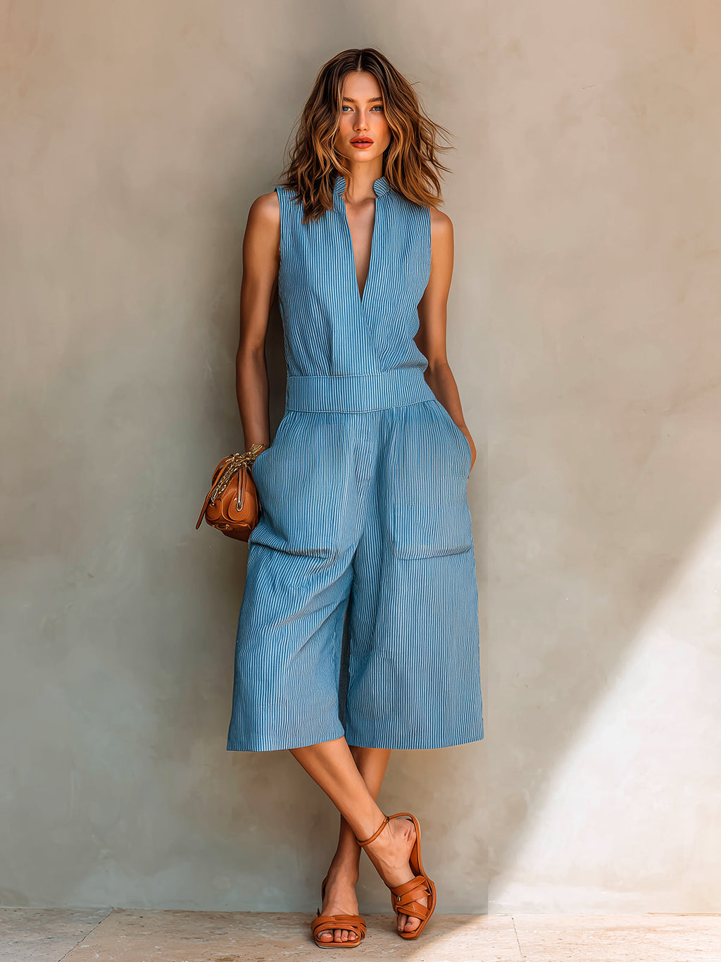 Chic Elegant Blue Stripes Cotton Linen Blend Stand-Collar V-Neck Sleeveless Patch Pockets Loose-Fit Cropped Jumpsuit