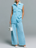 Chic Casual Blue Lapel Pocket Button Sleeveless Loose Ribbed Vest Wide-Leg Pants Knit Two-Piece Set