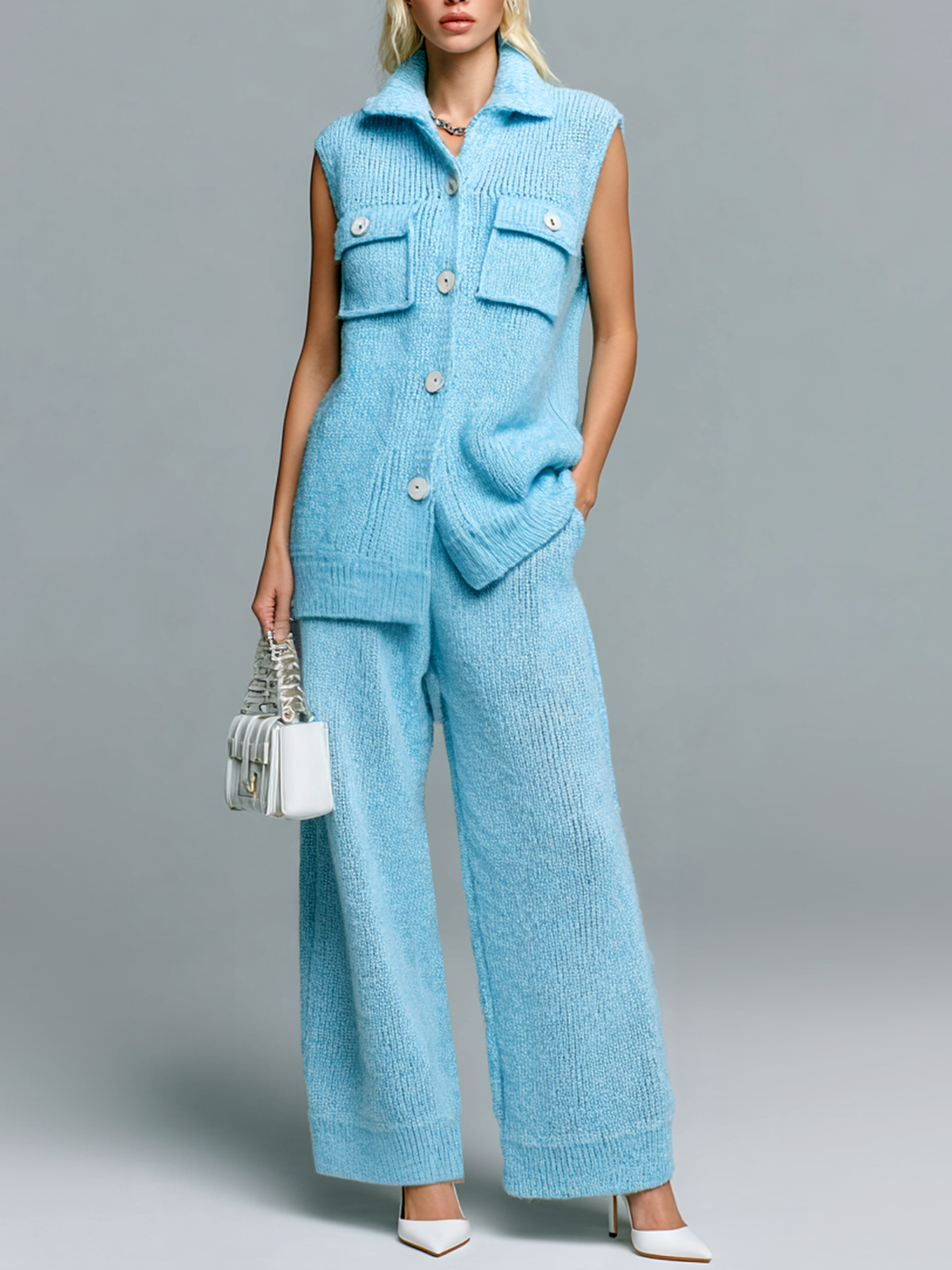 Chic Casual Blue Lapel Pocket Button Sleeveless Loose Ribbed Vest Wide-Leg Pants Knit Two-Piece Set