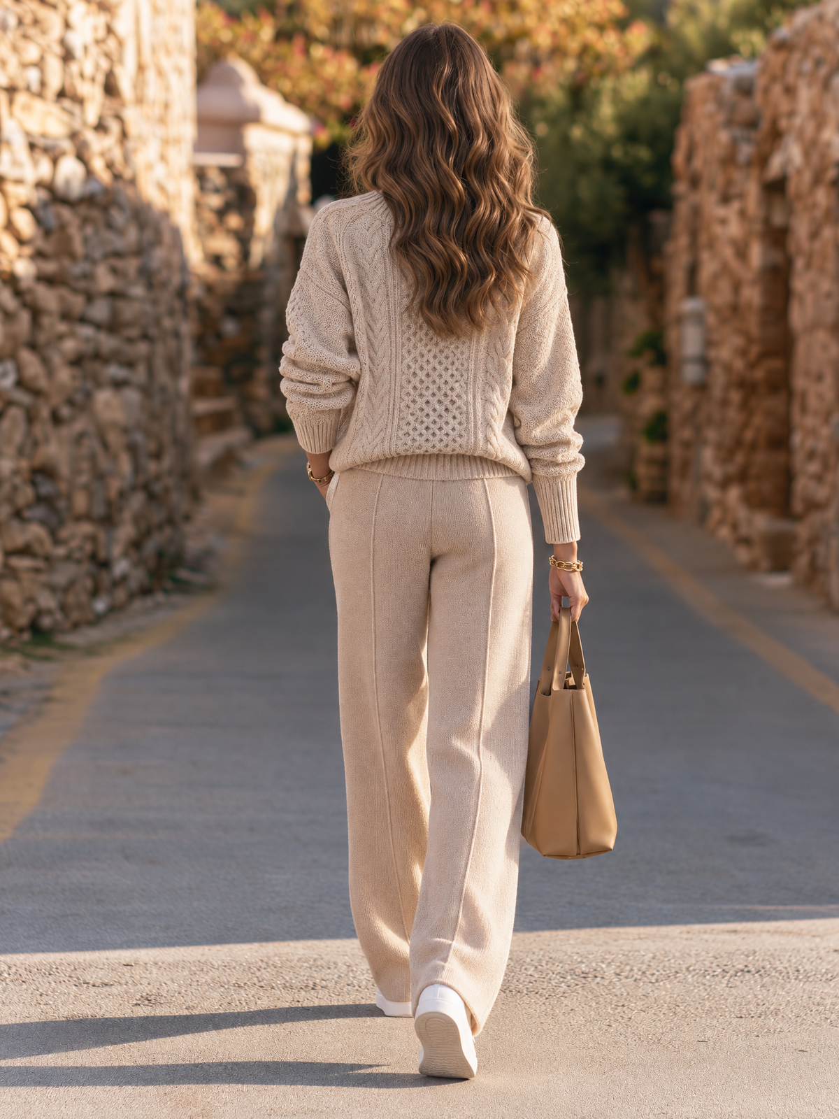 Resort-style Round Neck Cable Knit Long-sleeved Top And Trousers Set