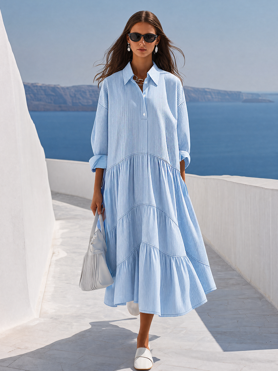 Elegant Blue Striped Collared Tiered Midi Dress