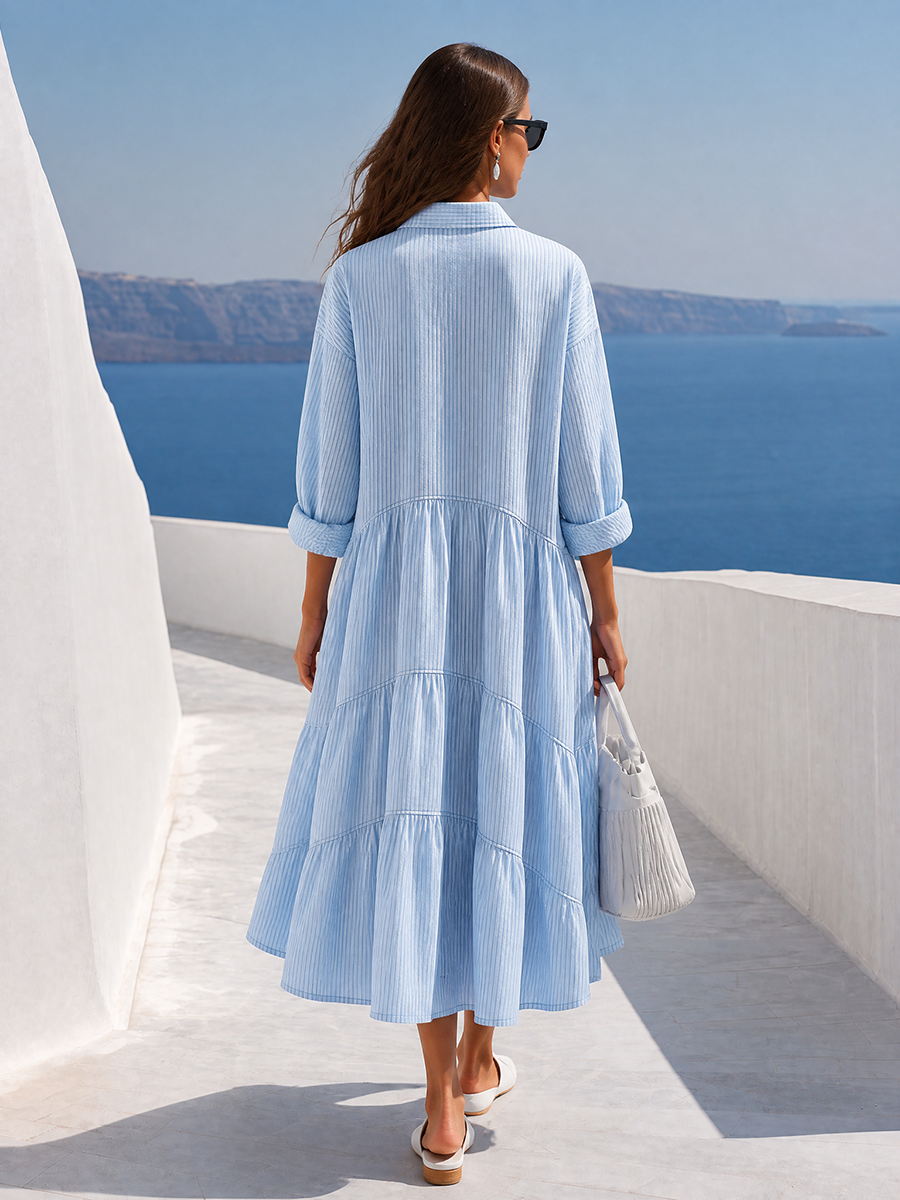 Elegant Blue Striped Collared Tiered Midi Dress