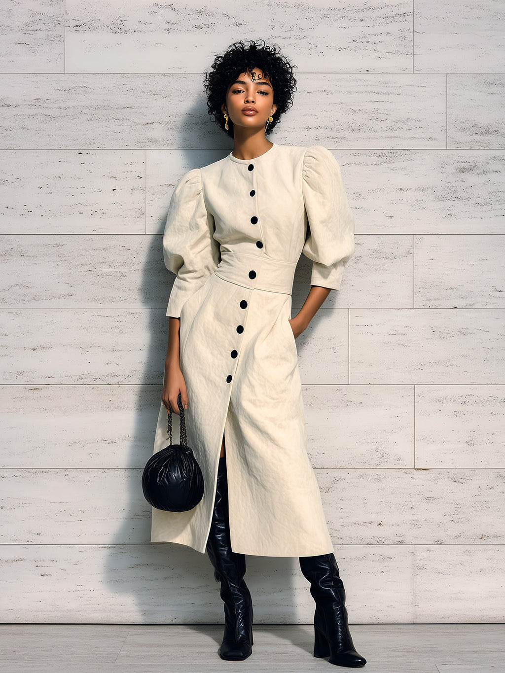 Chic Elegant Cream White Faux Suede Round Neck Single-Breasted Puff Sleeve Tailored Waist Slim-Fit Midi Dress