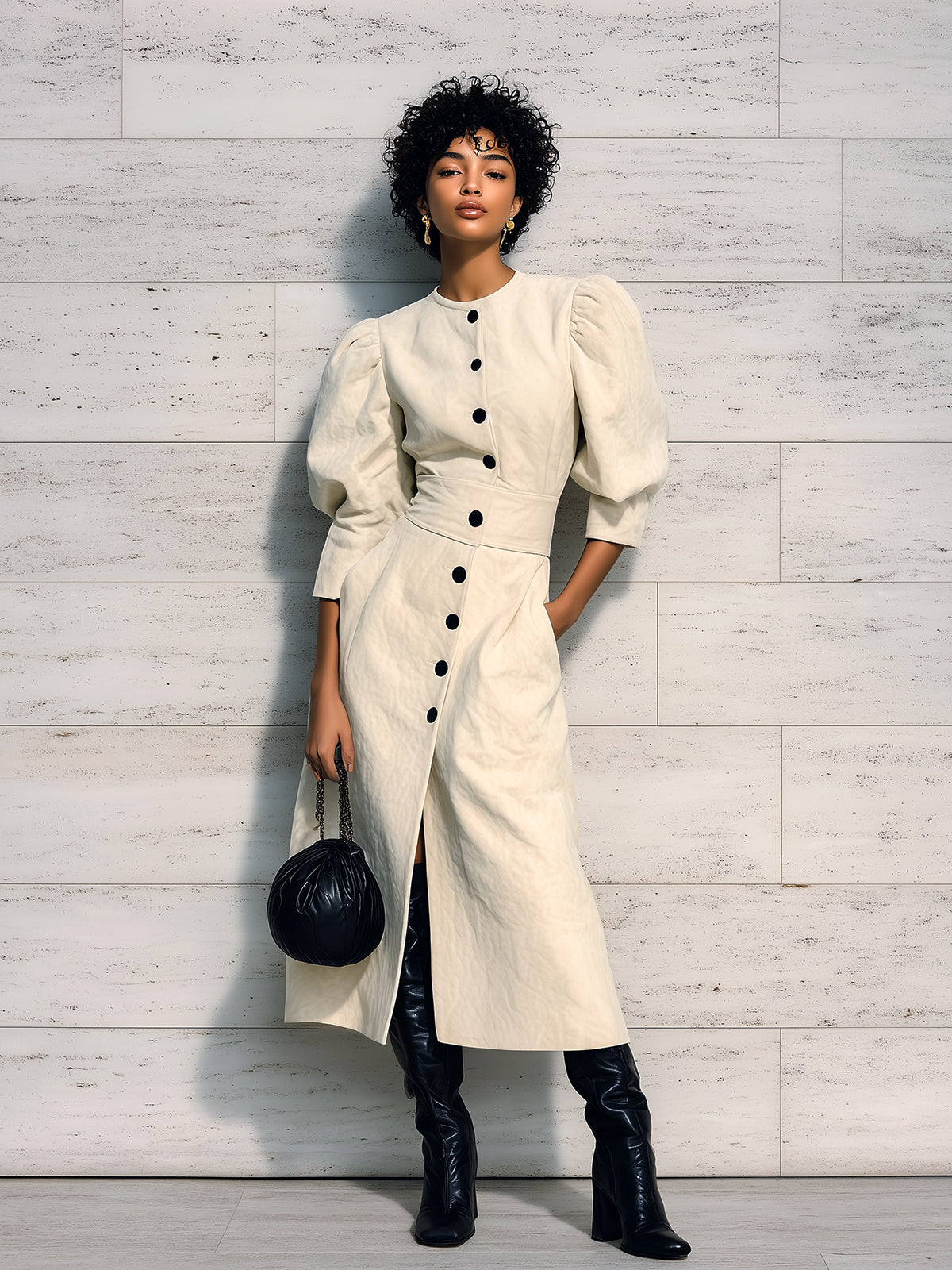 Chic Elegant Cream White Faux Suede Round Neck Single-Breasted Puff Sleeve Tailored Waist Slim-Fit Midi Dress