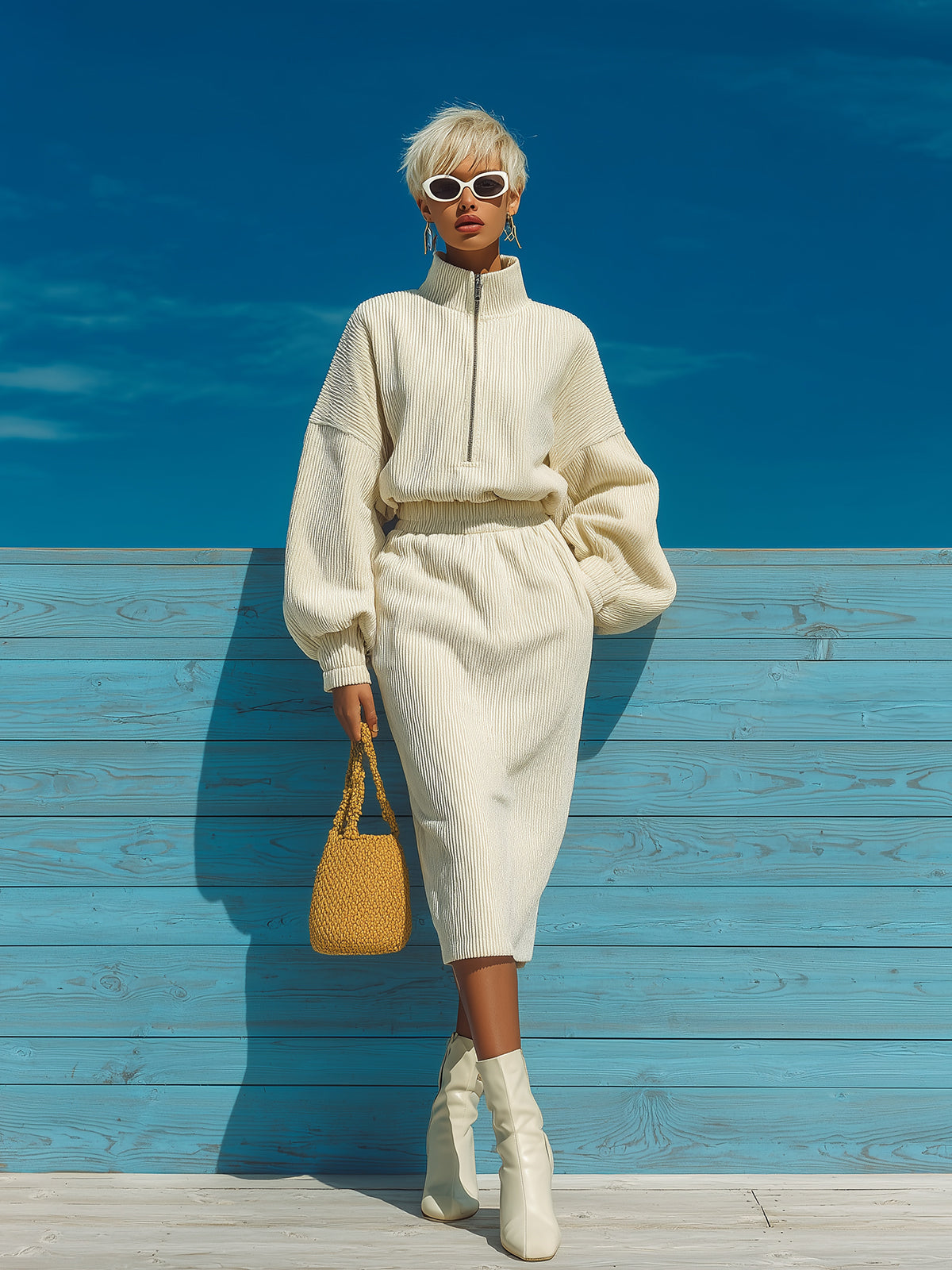 Chic Casual Cream White Corduroy Zip-Up Stand Collar Oversized Sweatshirt Elastic Waist Midi Skirt Two-Piece Set