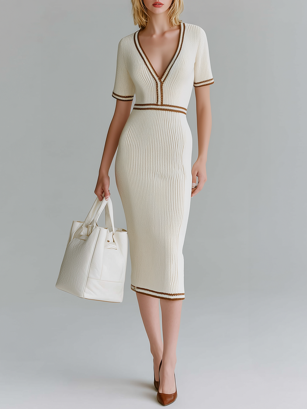 Stylish  Elegant White V-Neck Short-Sleeve Color-Block Ribbed Slim-Fit Knit Dress