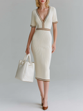 Stylish  Elegant White V-Neck Short-Sleeve Color-Block Ribbed Slim-Fit Knit Dress