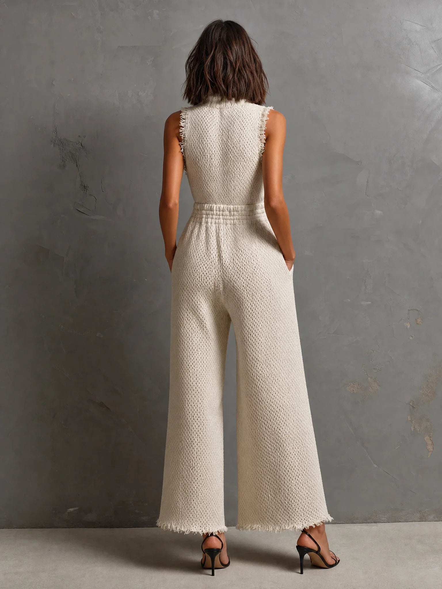 Chic Elegant Cream White Stand Collar Half Zip Frayed Edge Sleeveless Elastic-Waist Loose-Fit Knit Jumpsuit