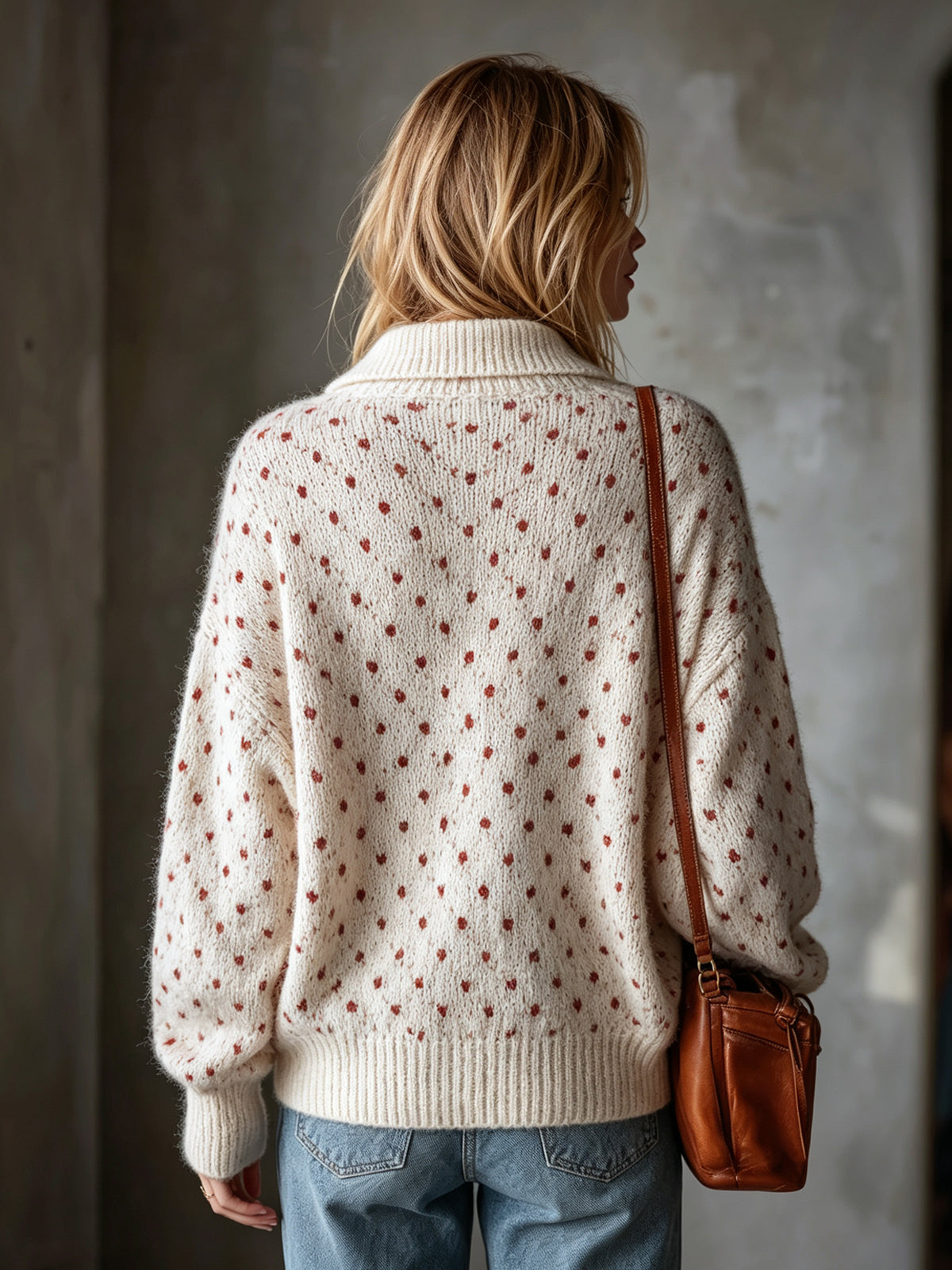 Chic Elegant Beige-Red Polka Dots Jacquard Lapel V-Neck Button-Front Long-Sleeve Loose-Fit Soft Mohair Blend Knit Sweater