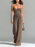 Chic Elegant Brown V-Neck Sleeveless Thin Straps Tailored Waist Wide-Leg Ribbed Knit Jumpsuit
