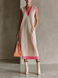 Chic Elegant White-Pink Stripe V-Neck Sleeveless A-Line Loose-Fit Knit Midi Dress