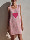 Chic Elegant Pink Square Neck Sleeveless Heart Jacquard Loose-Fit Knit Mini Dress
