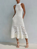 Chic Elegant Cream White Mock Neck Sleeveless Tailored Waist Lace Patchwork A-Line Mesh Knit Midi Dress