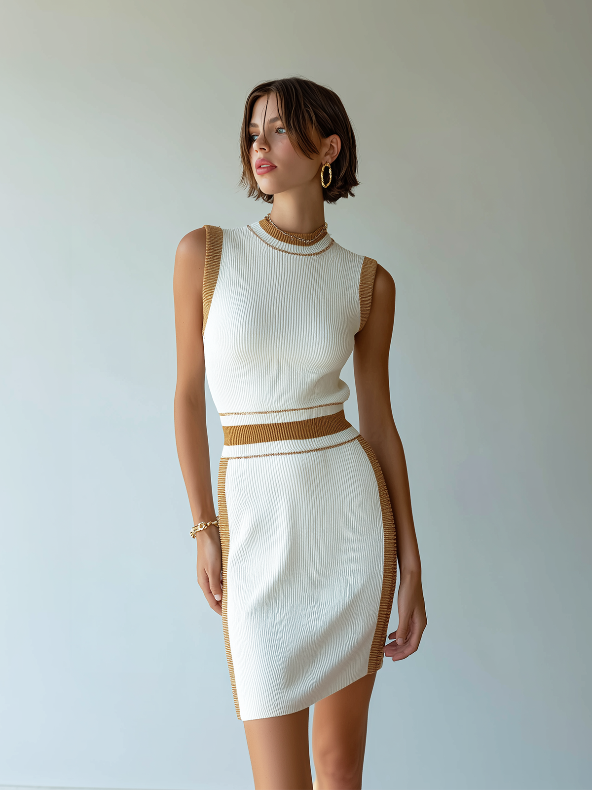 Chic Elegant White Round Collar Contrast Trim Sleeveless Slim-Fit Ribbed Knit Mini Dress