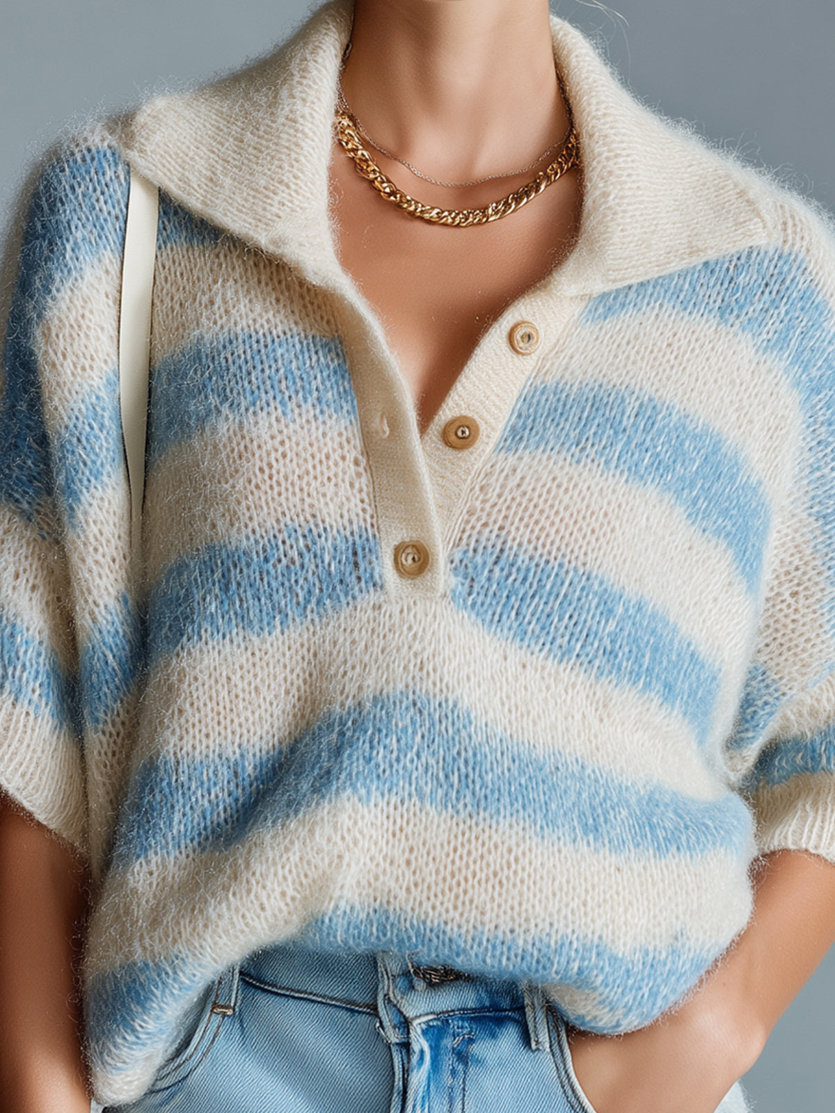 Chic Casual Blue White Stripes Button-Up Lapel Collar Short-Sleeve Loose-Fit Fuzzy Mohair Knit Sweater Top