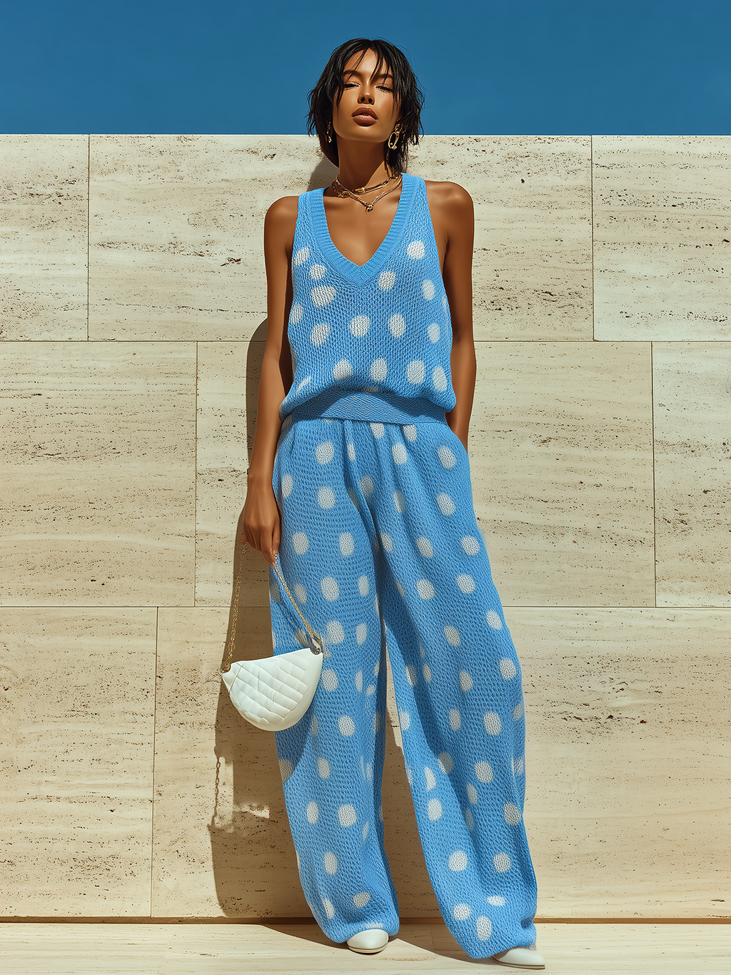 Chic Elegant Blue-White Polka Dot Jacquard V-Neck Sleeveless Loose Vest Wide-Leg Knit Two-Piece Set