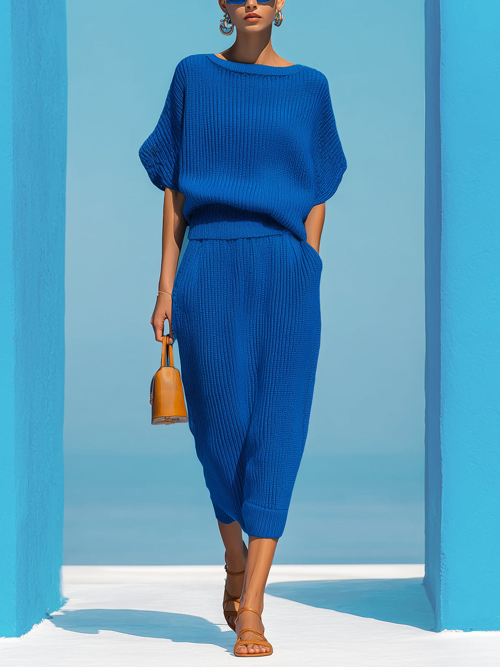 Chic Elegant Royal Blue Boat Neck Short-Sleeve Loose-Fit Sweater And Bodycon Midi Skirt Ribbed Knit Two-Piece Set