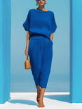 Chic Elegant Royal Blue Boat Neck Short-Sleeve Loose-Fit Sweater And Bodycon Midi Skirt Ribbed Knit Two-Piece Set