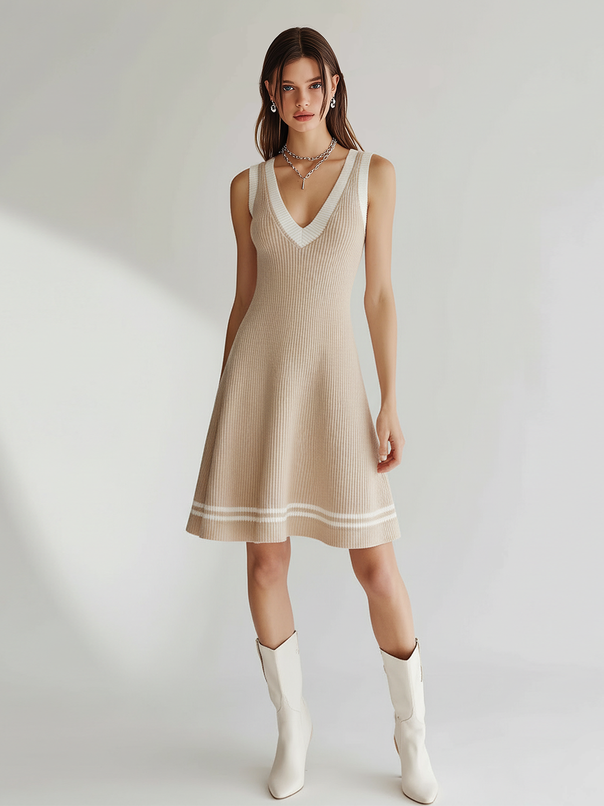 Chic Elegant Camel V-Neck Sleeveless Contrast Trim Tailored Waist A-Line Knit Mini Dress