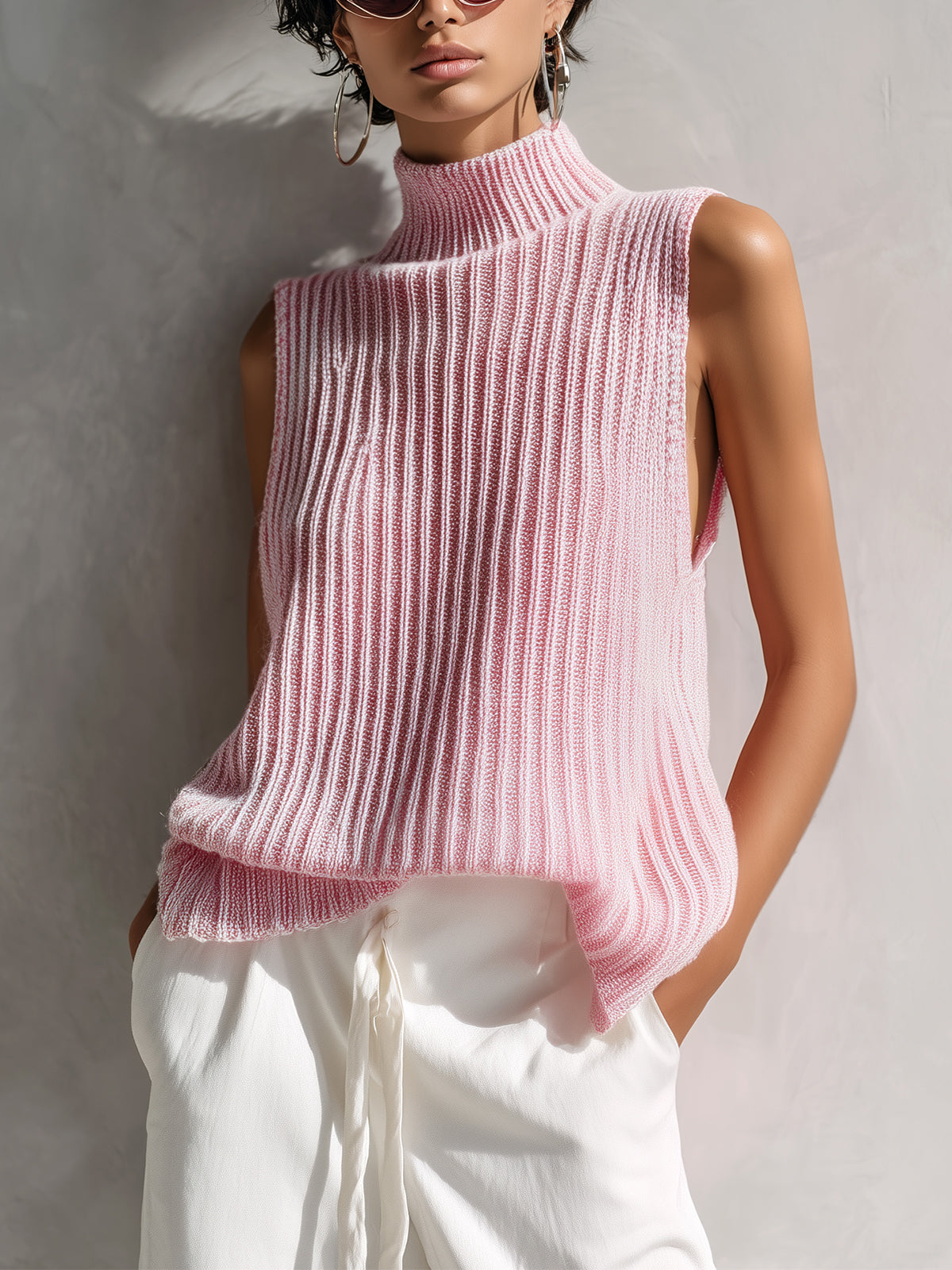 Chic Elegant Pink Mock Neck Sleeveless Loose-Fit Ribbed Knit Vest Top
