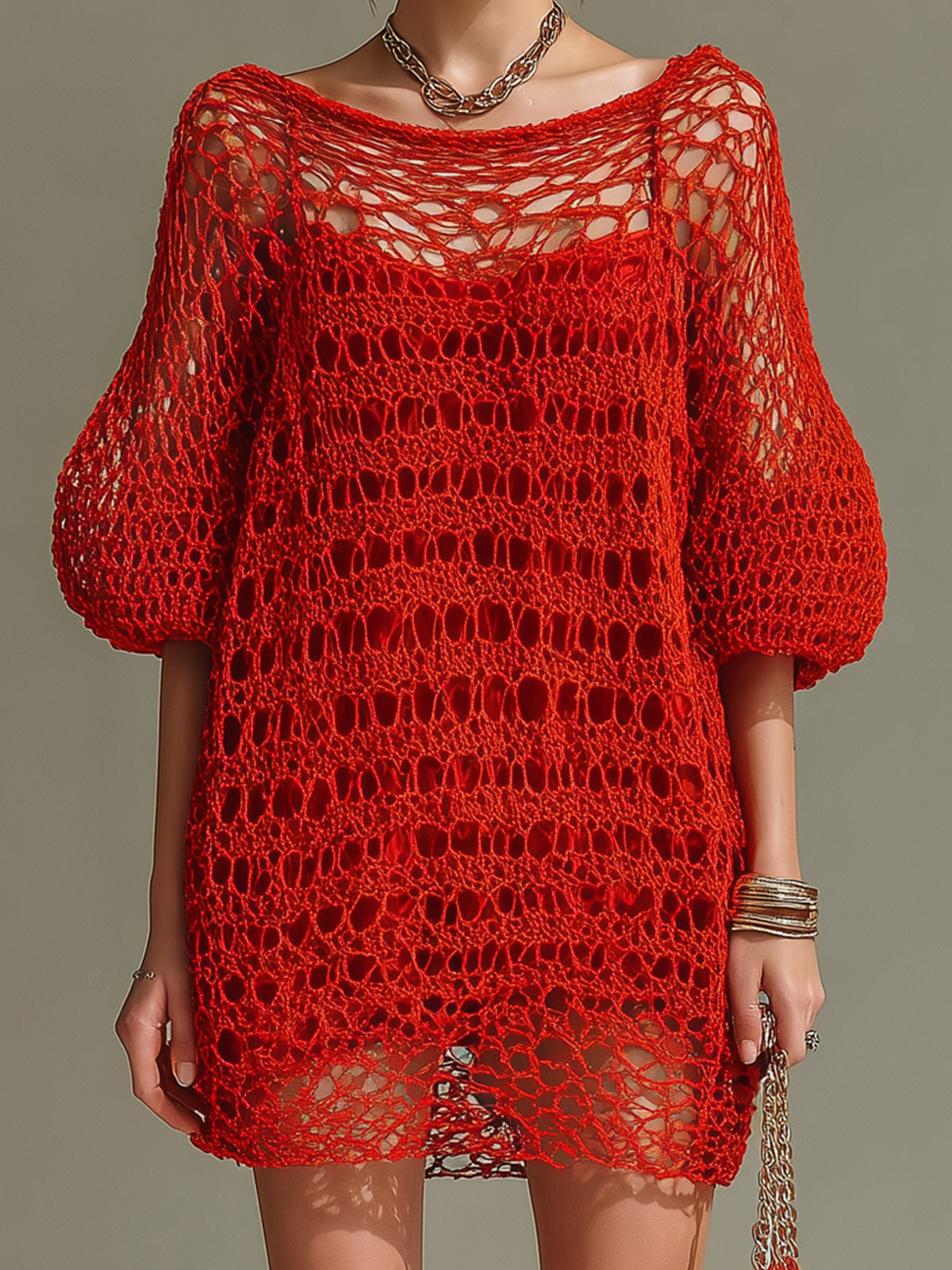 Chic Elegant Red Boat Neck Half Lantern Sleeve Loose-Fit Hollow Knit Mini Dress (Inner Slip Dress Included)