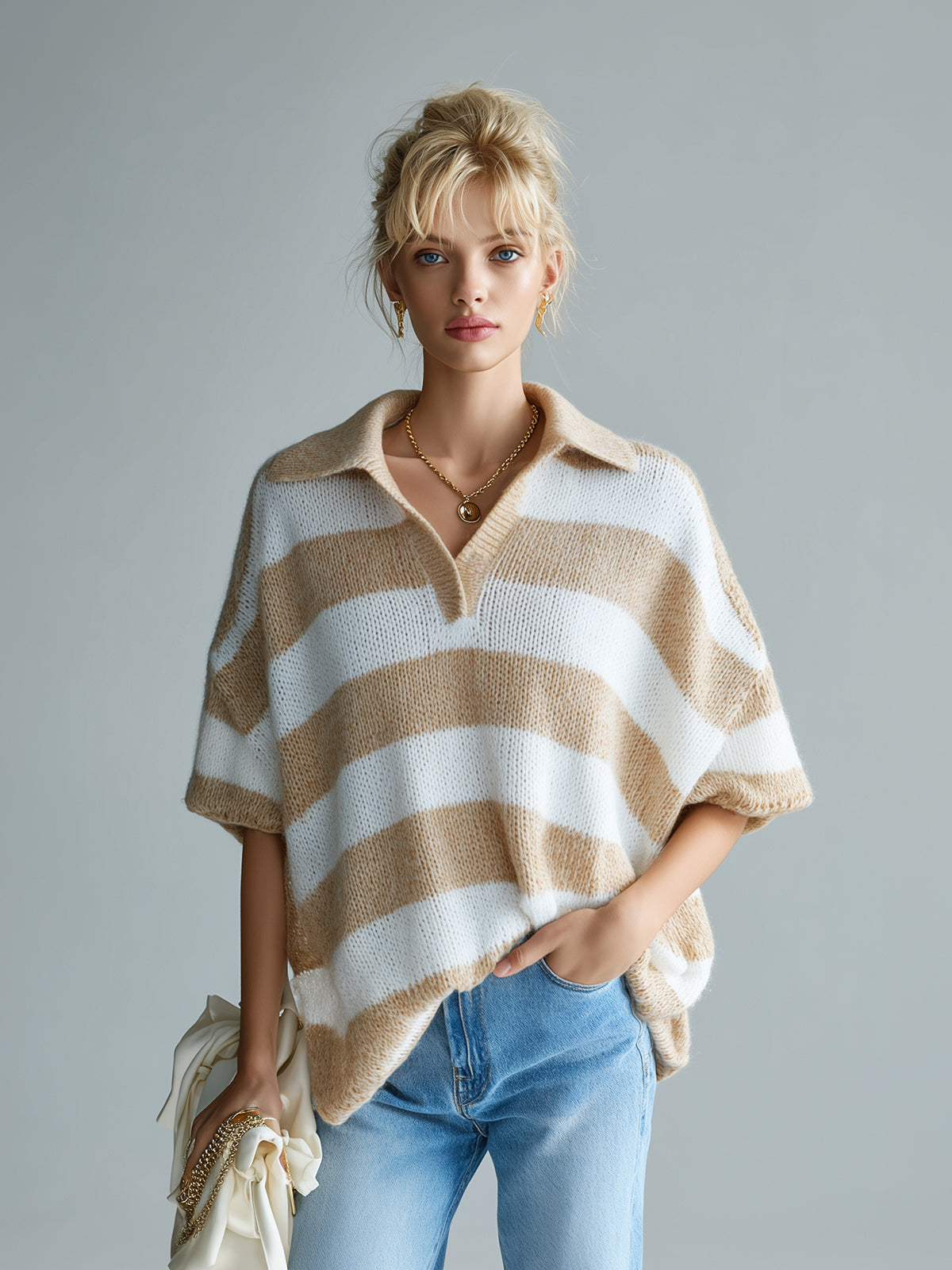 Chic Elegant Camel White Stripes Lapel V-Neck Short-Sleeve Oversize Knit Sweater Top