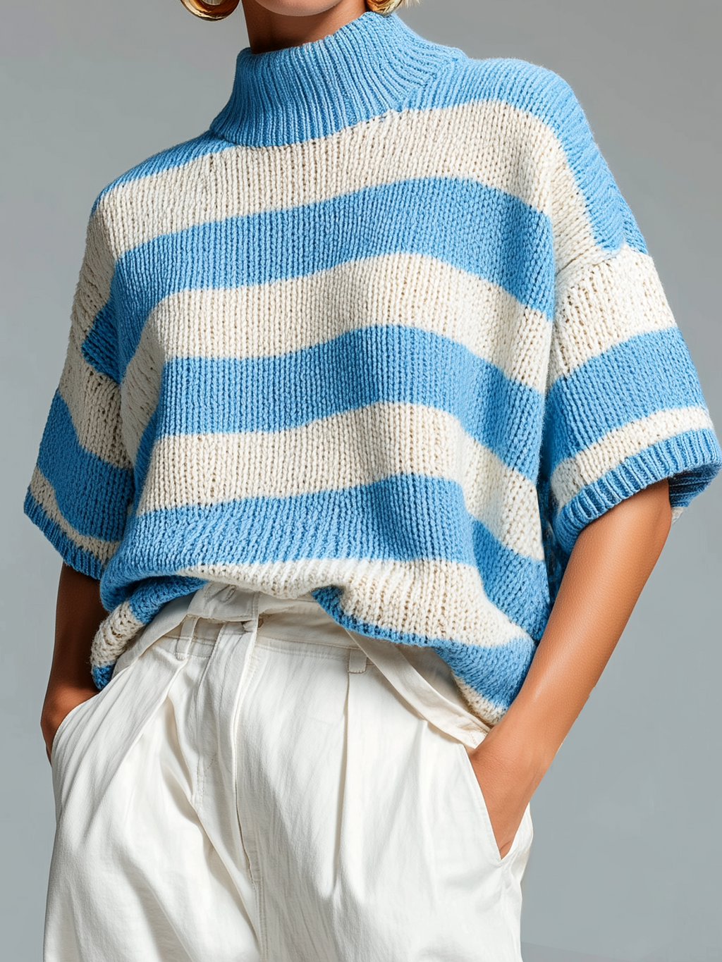 Fashion Casual Blue -White Striped High-Neck Short-Sleeve Knit Sweater Top