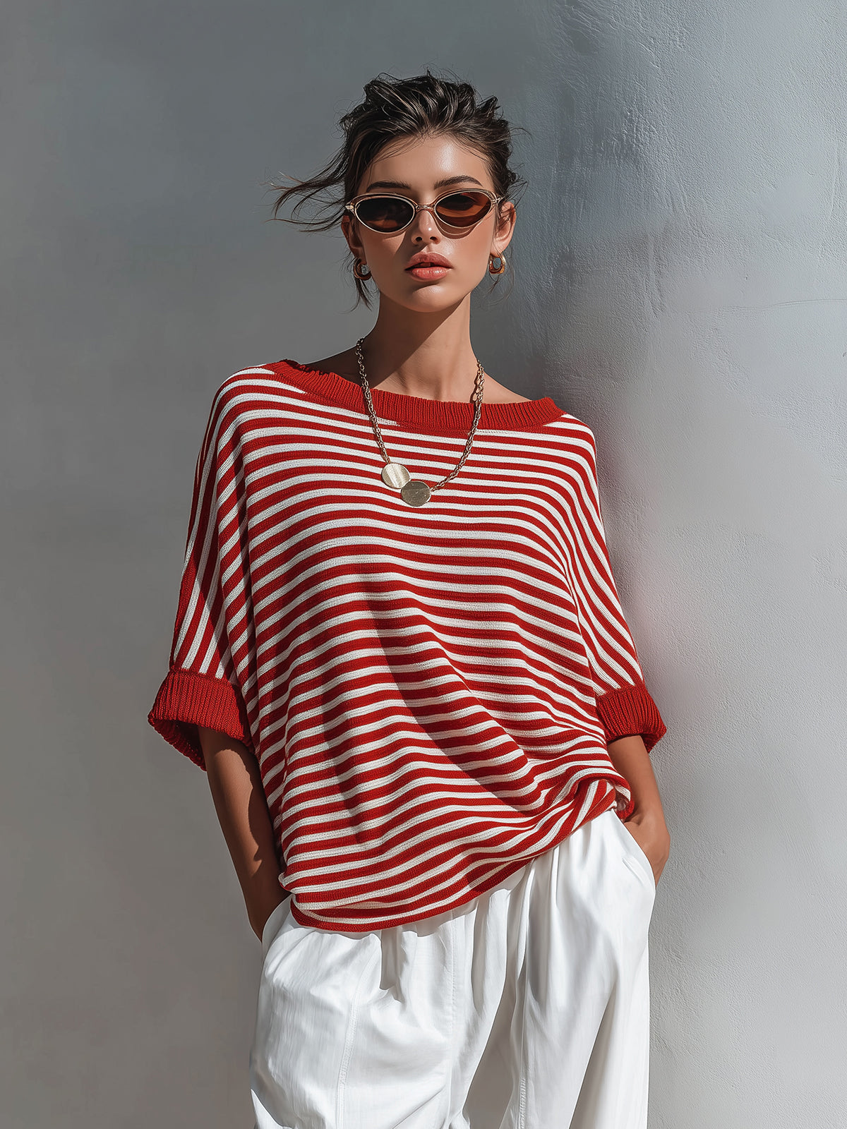 Chic Casual Red-White Stripes Boat-Neck Half-Sleeve Loose-Fit Soft Ribbed Knit Sweater Top