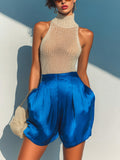Chic Elegant Beige Mock Neck Sleeveless Slim-Fit Tank Top Royal Blue Satin Shorts Two-Piece Set