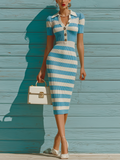 Chic Elegant Blue-White Striped Lapel Collar Button-Up Short-Sleeve Slim Fit Ribbed Knit Midi Dress