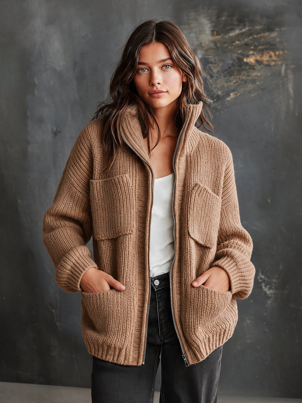 Chic Casual Camel Stand Collar Zipper-Placket Long-Sleeve Multi Pockets Loose-Fit Wool Blend Ribbed Knit Cardigan