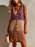 Chic Elegant Brown-Purple Colorblock V-Neck Sleeveless Single-Breasted Loose-Fit Knit Mini Dress