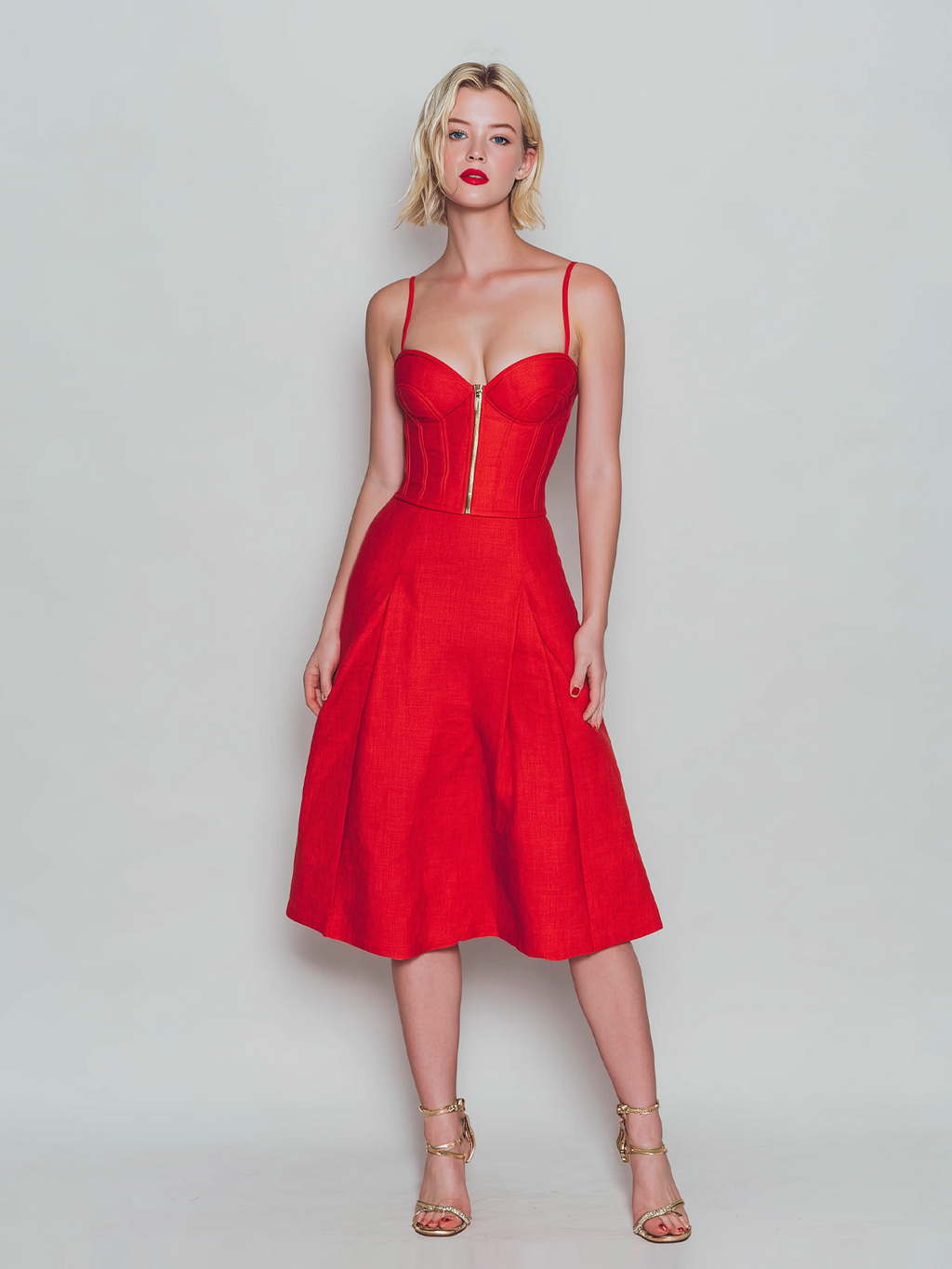 Stylish Elegant Red Spaghetti Strap Slim Fit Zipper Cotton-Linen Blend Midi Dress