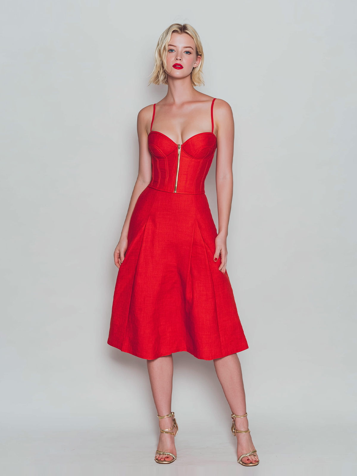 Stylish Elegant Red Spaghetti Strap Slim Fit Zipper Cotton-Linen Blend Midi Dress