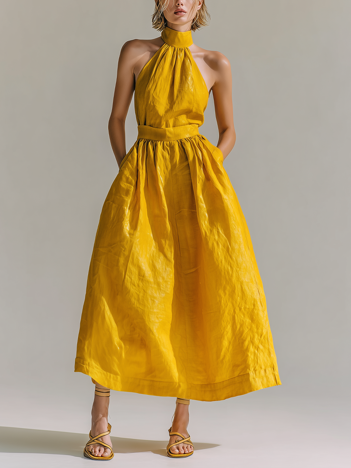 Chic Elegant Yellow Halter  Sleeveless Loose A-Line Cotton-linen Blend Maxi Dress