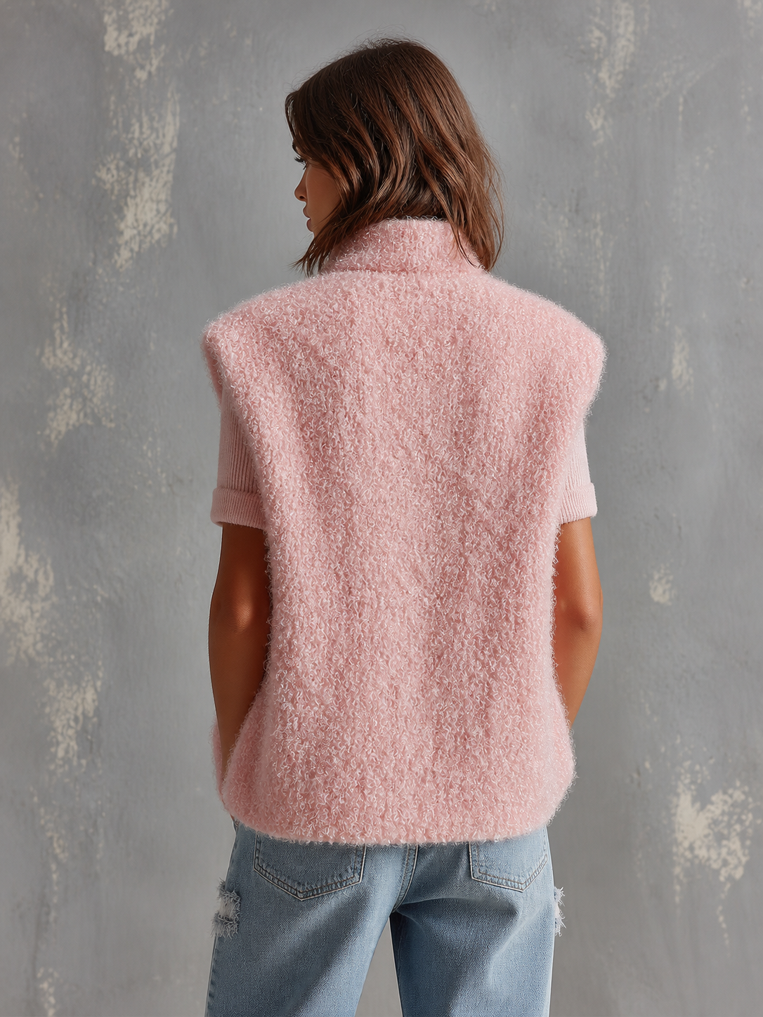 Chic Casual Pink Stand Collar Single-Breasted Patch Pocket Sleeveless Loose-Fit Fuzzy Curly Knit Vest Top