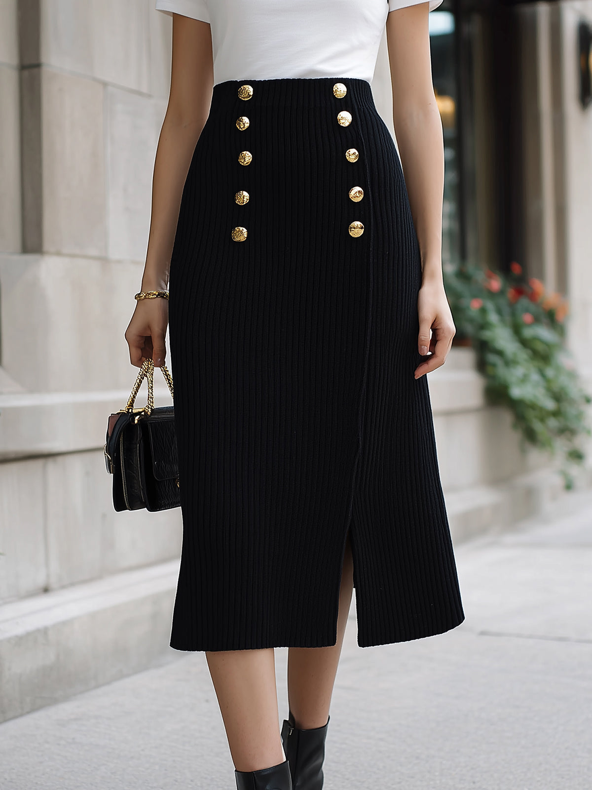 Chic Elegant Black High Waist Gold Button Details Slit A-Line Ribbed Knit Midi Skirt