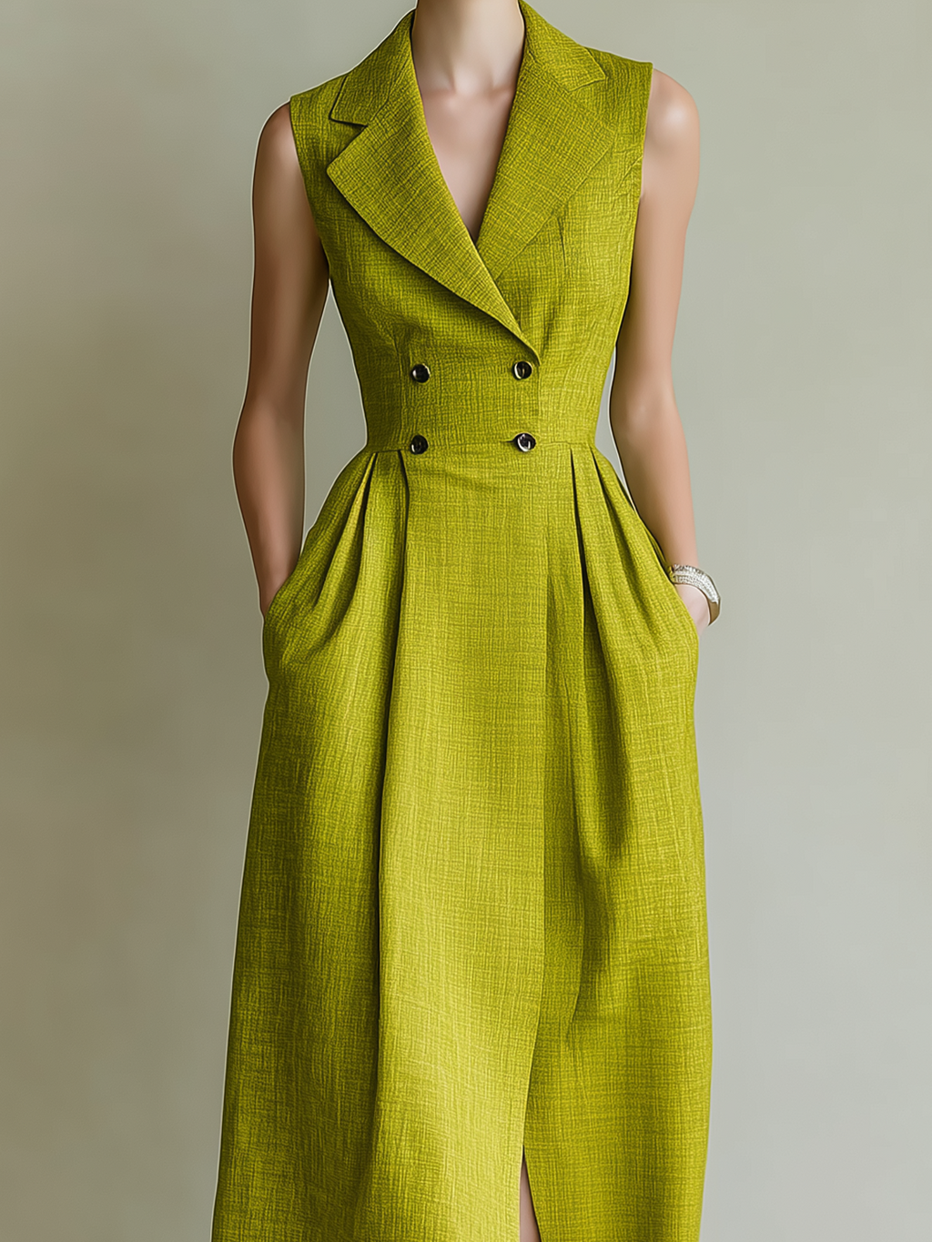 Chic Vintage Green Cotton-Linen Blend Notch Lapel Double-Breasted Sleeveless Loose Midi Shirt Dress