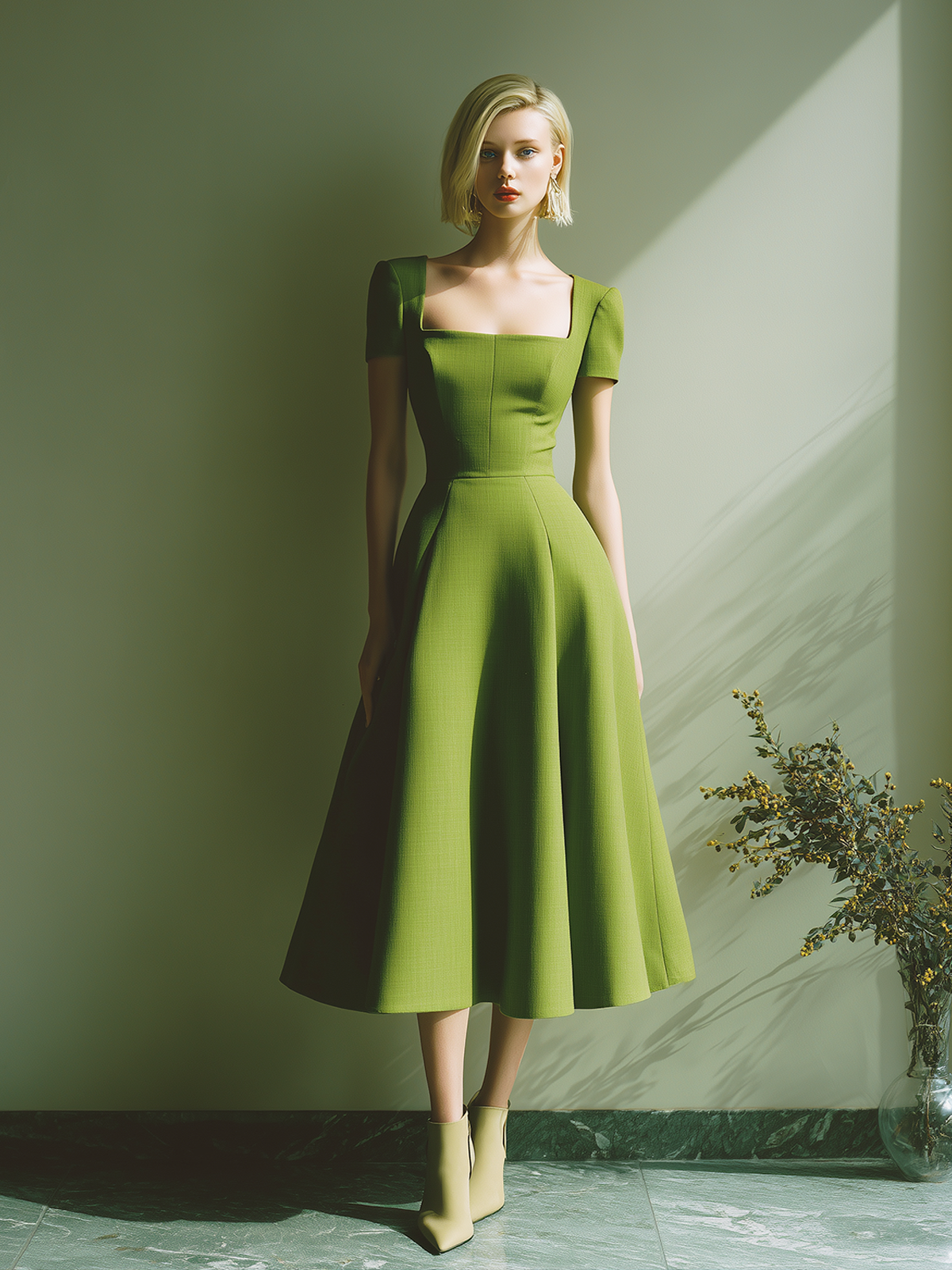 Stylish Elegant Green Square-Neck Cap Sleeve Tailored Waist A-Line CottonBlend Midi Dress