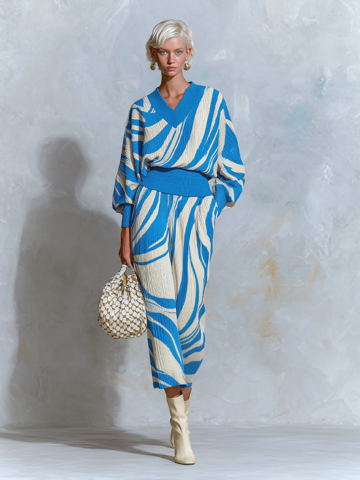 Chic Elegant Blue-White Colorblock Jacquard V-Neck Short-Sleeve Loose Vest Bodycon Midi Skirt Knit Two-Piece Set