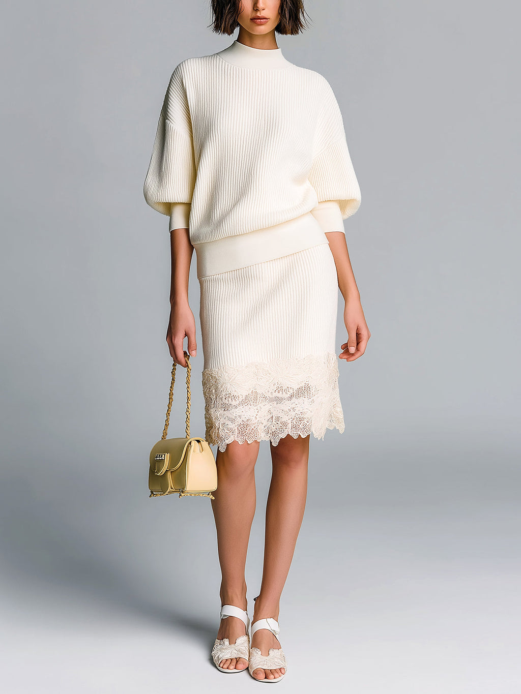 Chic Elegant Cream White Mock Neck Short-Sleeve Slim-Fit Sweater Bodycon Lace Details Midi Skirt Ribbed Knit Two-Piece Set