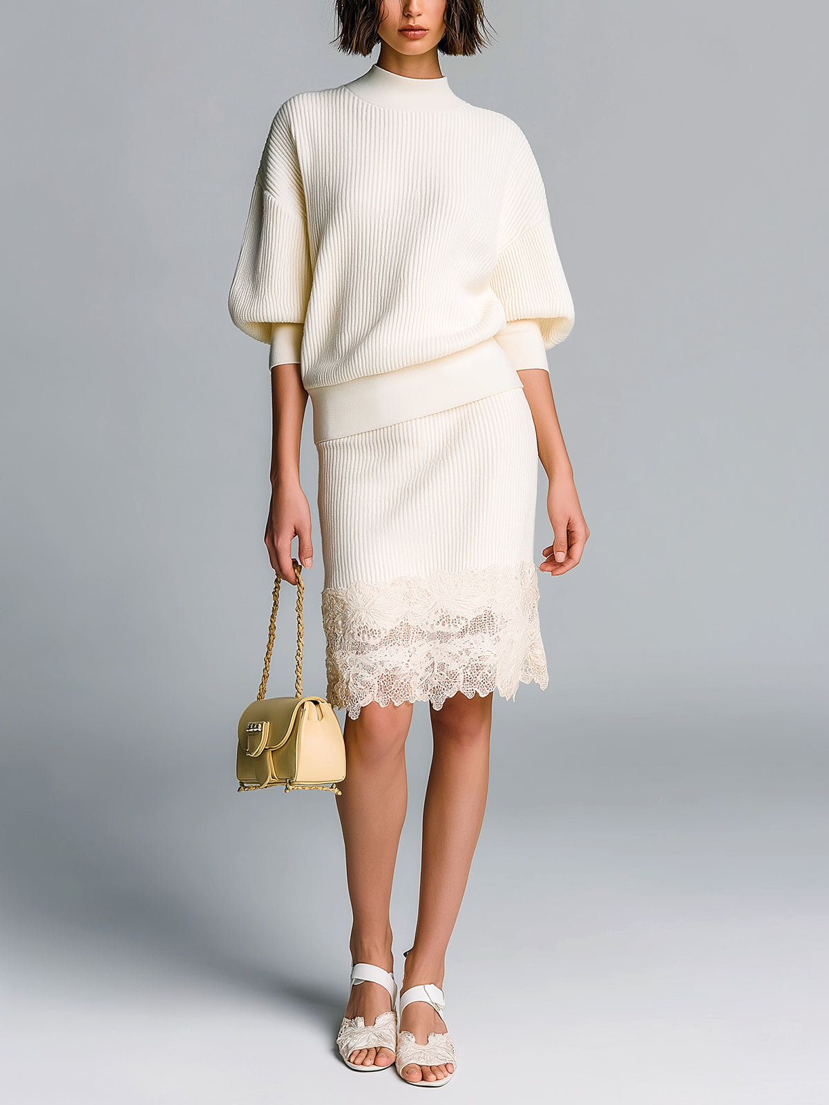 Chic Elegant Cream White Mock Neck Short-Sleeve Slim-Fit Sweater Bodycon Lace Details Midi Skirt Ribbed Knit Two-Piece Set