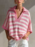 Chic Casual Pink-White Stripes Lapel V-Neck Half-Sleeve Loose-Fit Knit Sweater Top