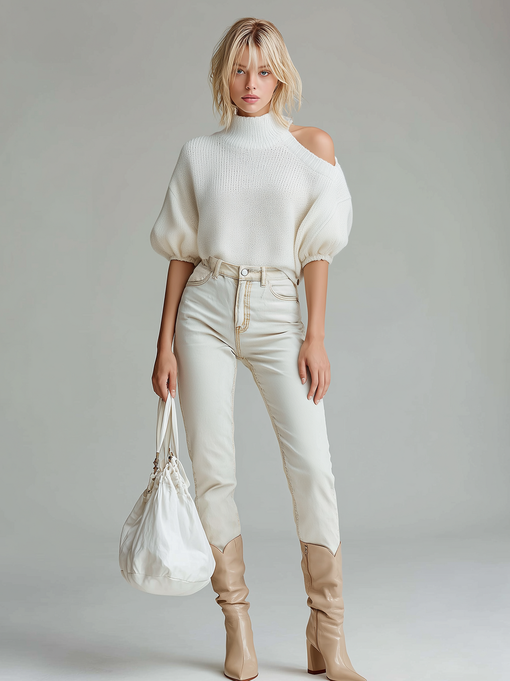 Fashion Elegant White High-Neck Off-Shoulder Lantern Sleeve Short-Sleeve Loose Knit Sweater