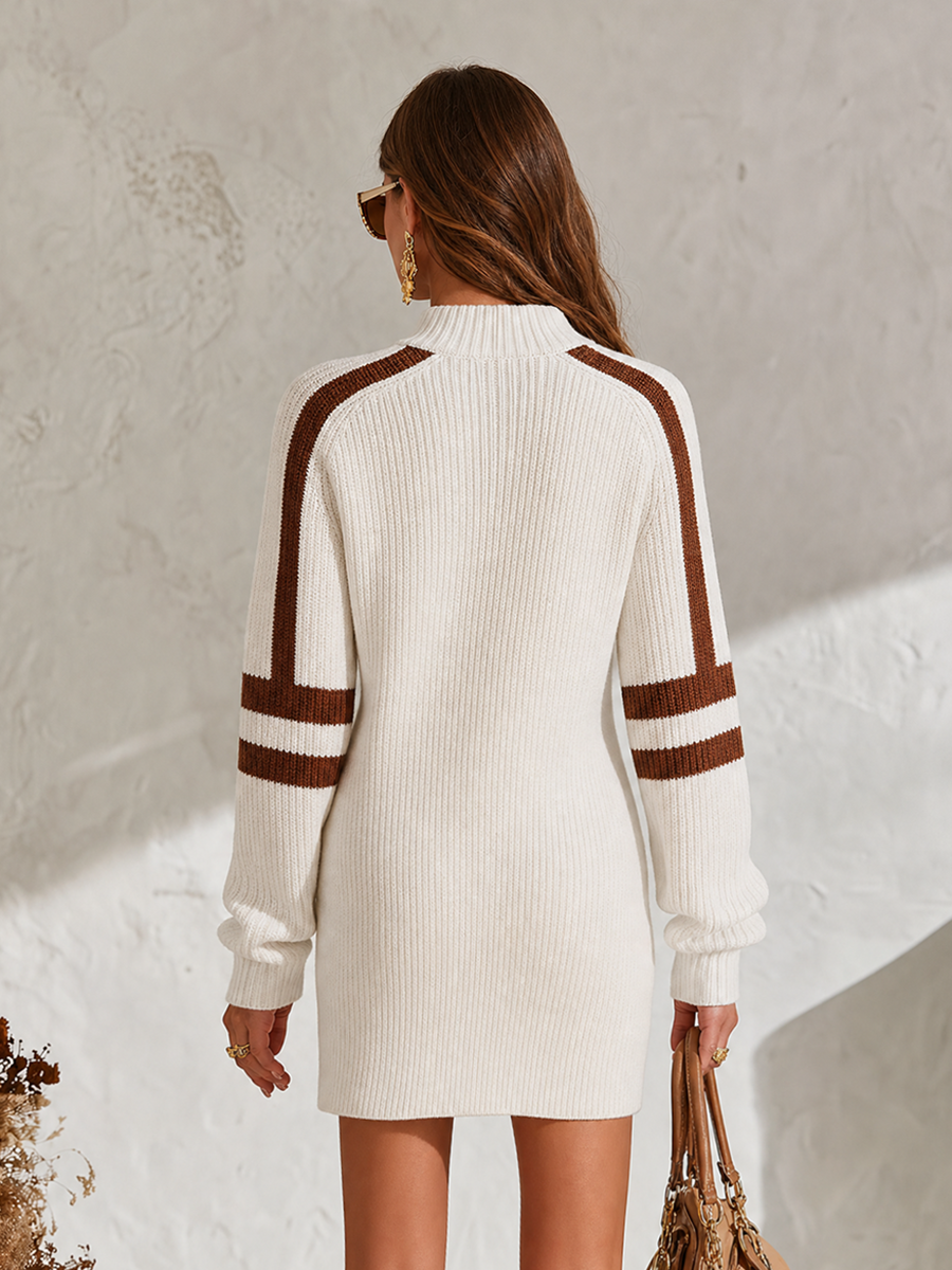 Resort-style Mid-neck Long-sleeved Color-blocked Striped Mini Dress