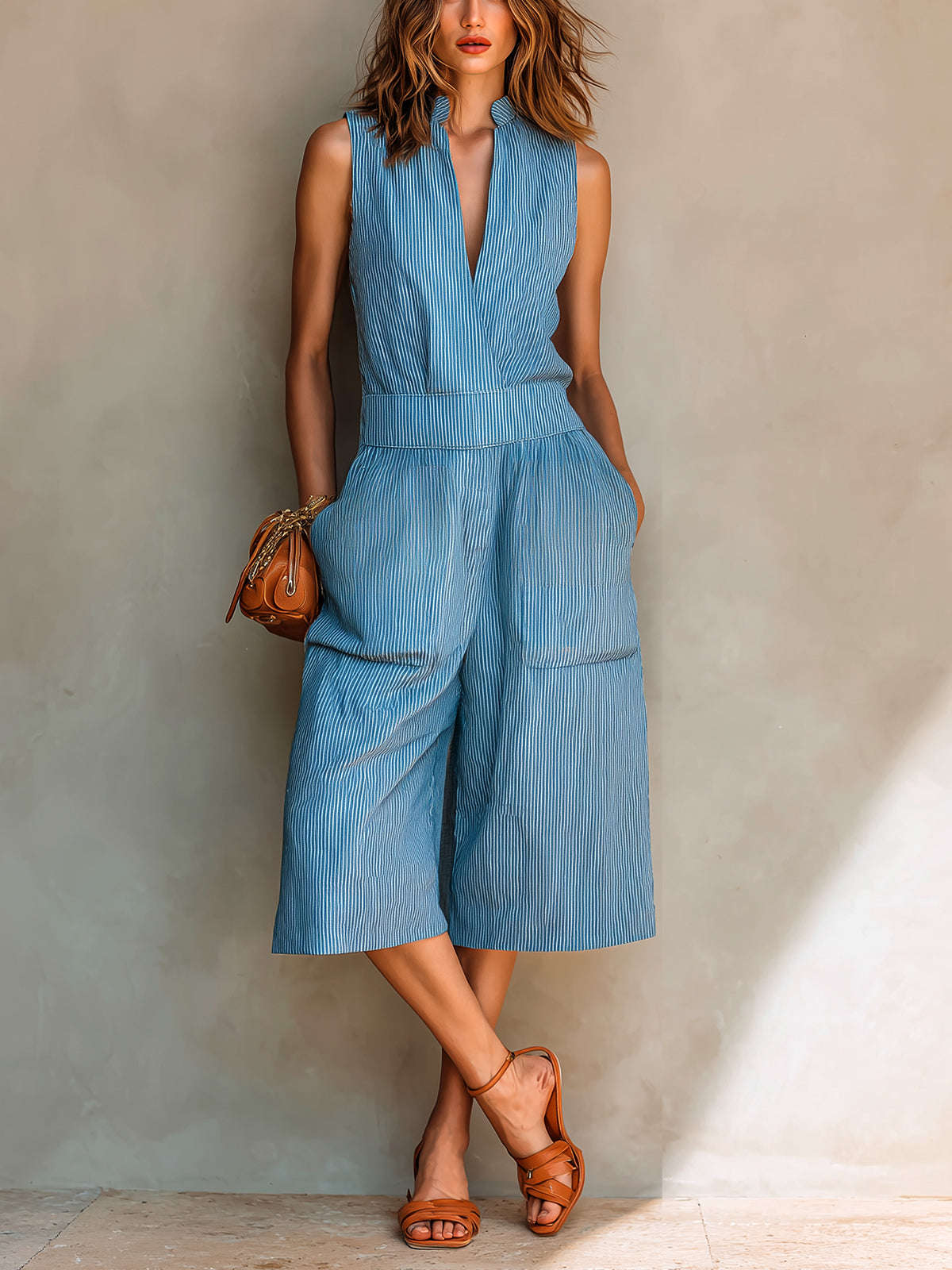 Chic Elegant Blue Stripes Cotton Linen Blend Stand-Collar V-Neck Sleeveless Patch Pockets Loose-Fit Cropped Jumpsuit